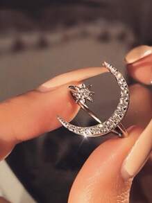 Anillo abierto con luna y estrella - Plateado - Ver 2