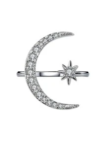 Anillo abierto con luna y estrella - Plateado - Ver 3