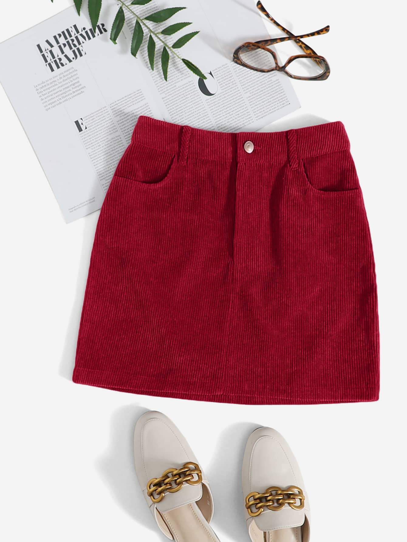 SHEIN EZwear 燈芯絨雙口袋直筒迷你裙 - 紅色 - 查看 1