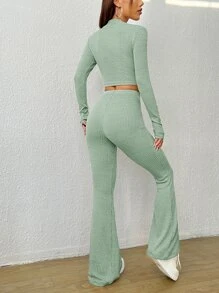 SHEIN EZwear Ribbed Knit Crop Top & Flare Leg Pants - Mint Green - View 2