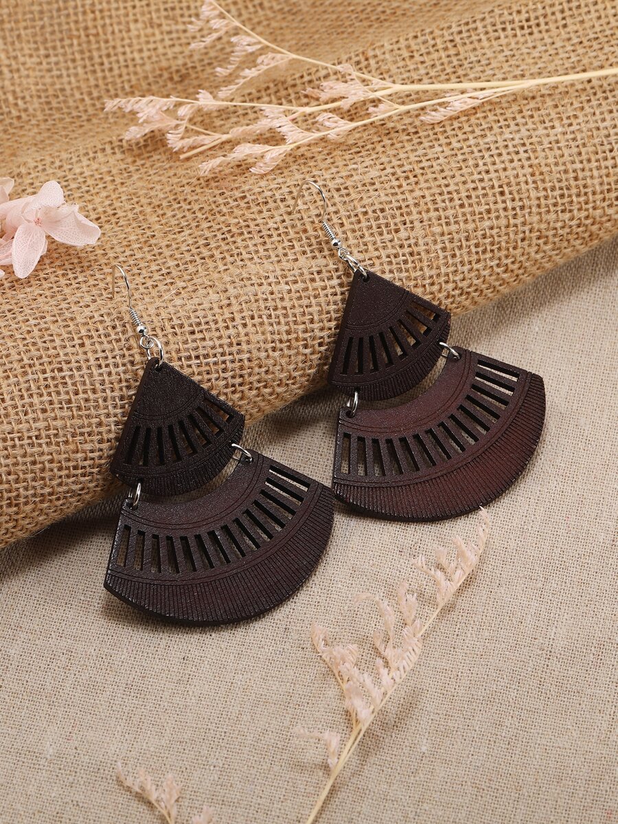 Hollow Out Fan Drop Earrings - Coffee Brown - View 1