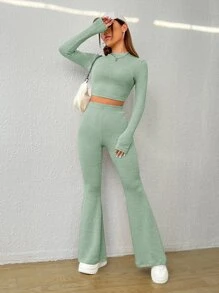 SHEIN EZwear Ribbed Knit Crop Top & Flare Leg Pants - Mint Green - View 4