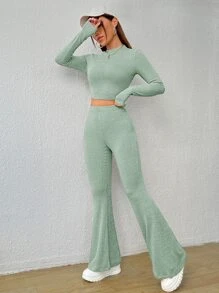 SHEIN EZwear Ribbed Knit Crop Top & Flare Leg Pants - Mint Green - View 5