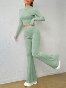 SHEIN EZwear Ribbed Knit Crop Top & Flare Leg Pants - Mint Green - View 6