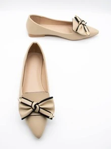 Bow Decor Point Toe Flat Loafers - Apricot - View 2
