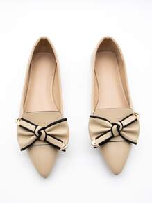 Bow Decor Point Toe Flat Loafers - Apricot - View 3