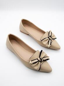 Bow Decor Point Toe Flat Loafers - Apricot - View 4