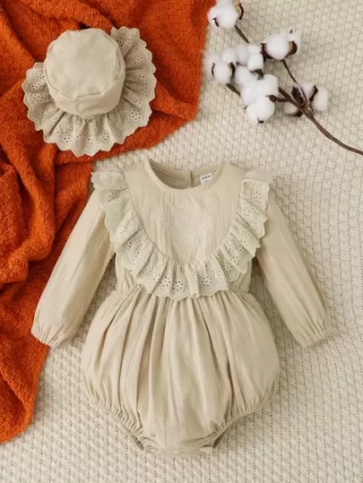 嬰兒網眼刺繡荷葉邊連體衣