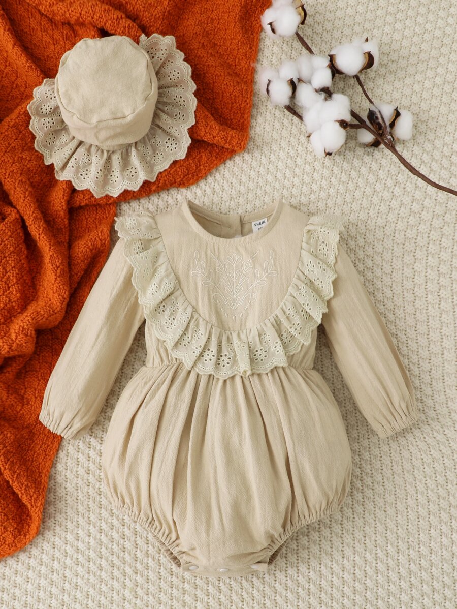 嬰兒網眼刺繡荷葉邊連體衣