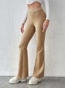 SHEIN EZwear 傘狀腿素色褲子 - 卡其色 - 查看 5