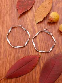 Minimalist Twist Hoop Earrings - Silver - View 2