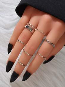 7 piezas/set anillos minimalistas de mujer de color plateado brillante - Plateado - Ver 1