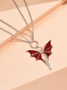 1 件万圣节男女通用黑色和红色珐琅蝙蝠吊坠项链 - 酒紅色 - 查看 7