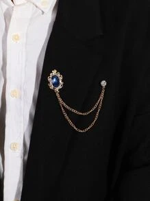 Fashionable and Popular Men Gemstone Decor Chain Lined Brooch Alloy for Jewelry Gift and for a Stylish Look - Royal Blue - View 5