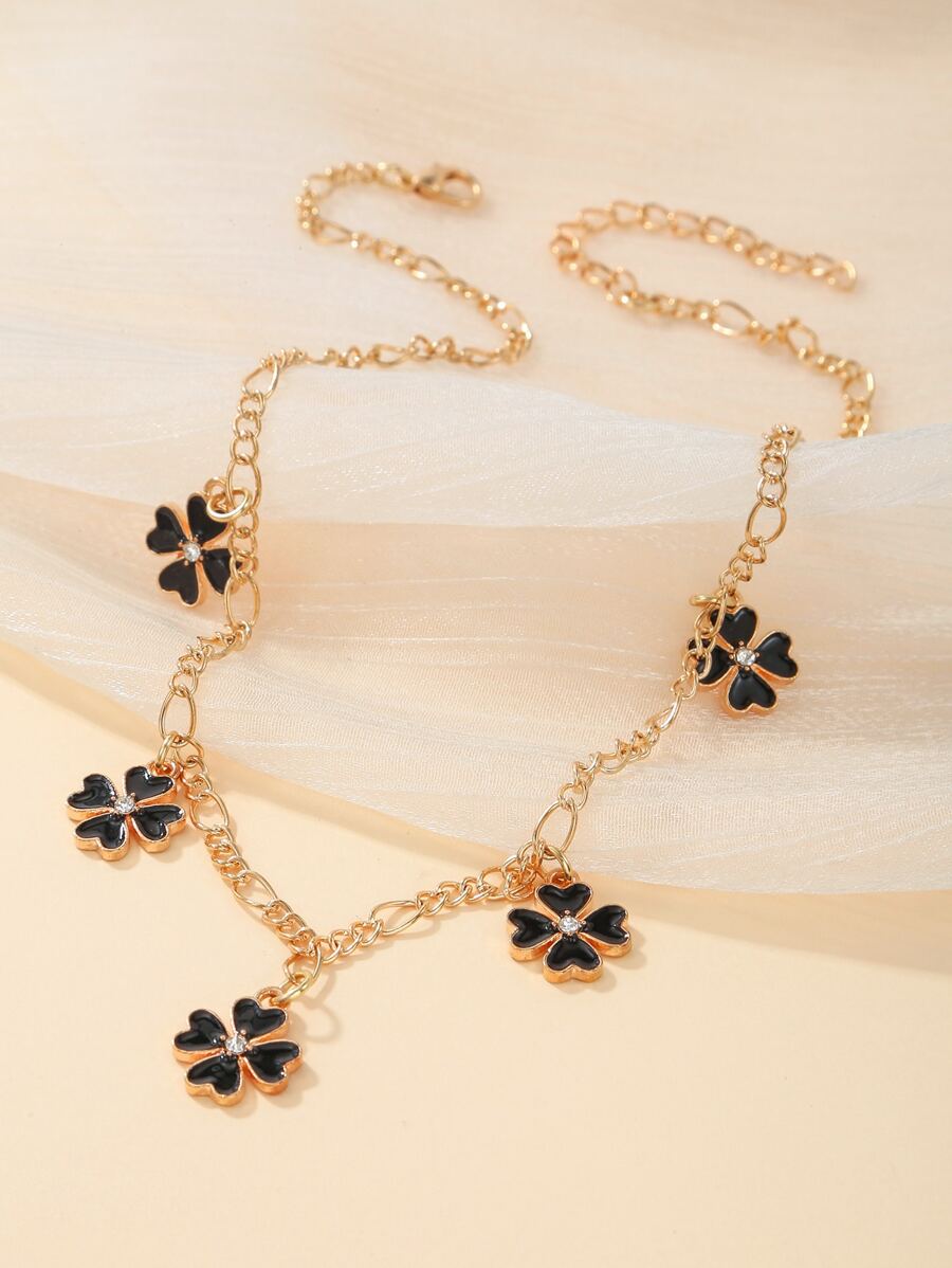 Rhinestone Decor Four-leaf Clover Charm Necklace - Yellow Gold - View 1