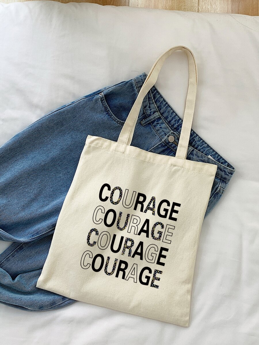 Bolsa de compras con estampado de letra - Beis - Ver 1