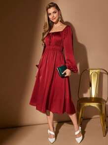SHEIN Belle Burgundy Red Square Neck Lantern Sleeve Satin Bridesmaid Dress