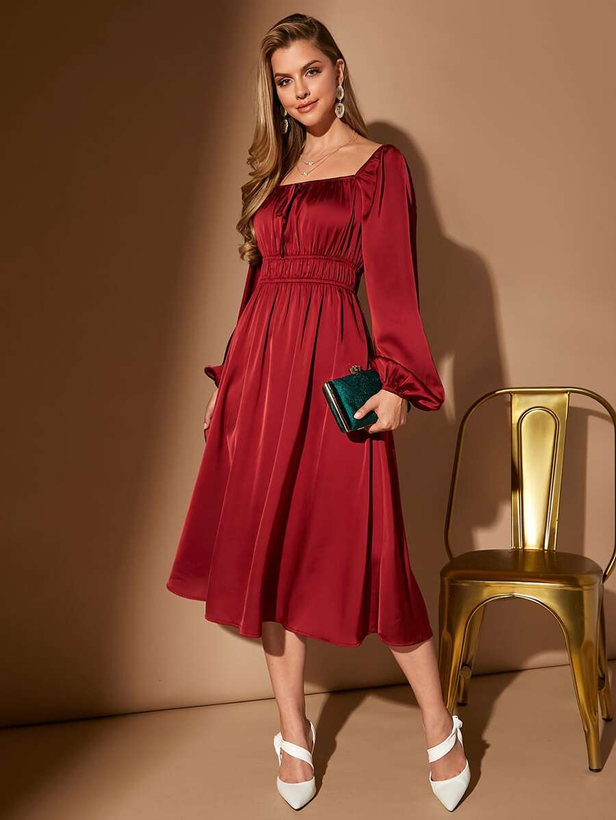 SHEIN Belle Burgundy Red Square Neck Lantern Sleeve Satin Bridesmaid Dress