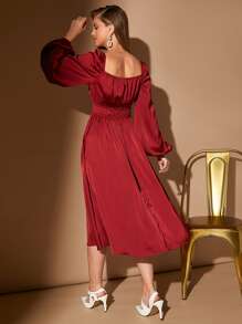 SHEIN Belle Burgundy Red Square Neck Lantern Sleeve Satin Bridesmaid Dress