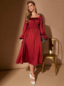 SHEIN Belle Burgundy Red Square Neck Lantern Sleeve Satin Bridesmaid Dress