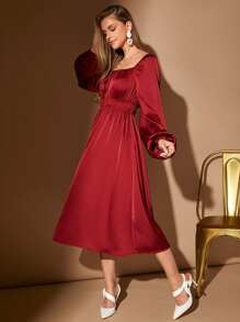 SHEIN Belle Burgundy Red Square Neck Lantern Sleeve Satin Bridesmaid Dress