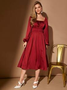 SHEIN Belle Burgundy Red Square Neck Lantern Sleeve Satin Bridesmaid Dress