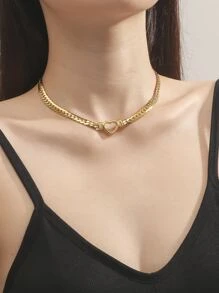 1 件时尚欧美镂空心形吊坠项链，钛钢镀金链条项链，女士 - 金黃色 - 查看 2