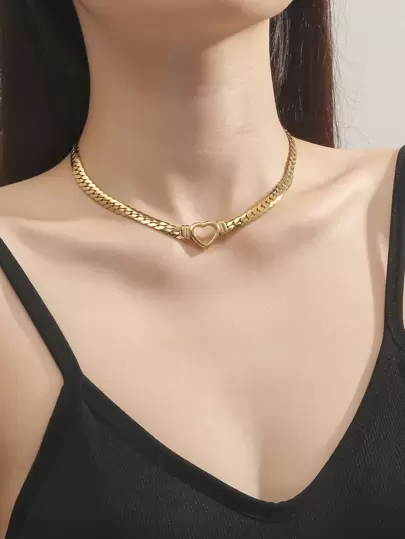 1 件时尚欧美镂空心形吊坠项链，钛钢镀金链条项链，女士