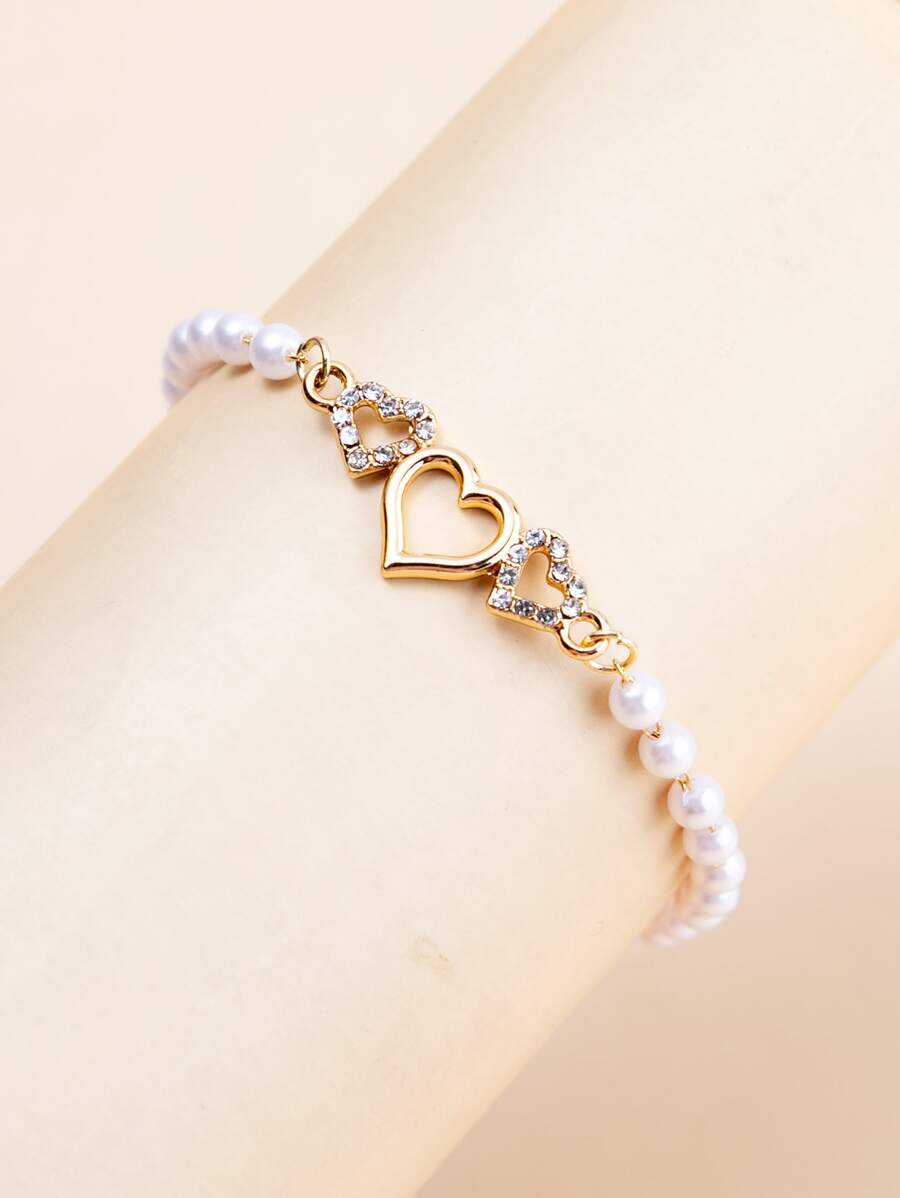 1pc Fashionable High-End Elegant Minimalist Chic Heart Shaped Rhinestone & Faux Pearl Decor Chain Bracelet, Versatile Daily Wear & Gift For Women - Yellow Gold - View 1