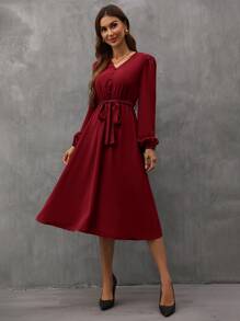 SHEIN Clasi Vestido con cinturón de cuello V de manga farol con botón - Burdeos - Ver 4