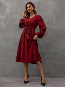 SHEIN Clasi Vestido con cinturón de cuello V de manga farol con botón - Burdeos - Ver 6