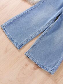 年轻女孩休闲波西米亚风假日平底阔腿牛仔裤，配有腰带，带口袋，日常穿着 - 中等水洗藍 - 查看 4