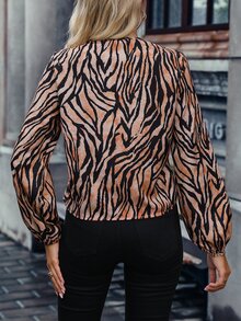 SHEIN Privé Zebra Striped Twist Front Lantern Sleeve Crop Blouse - Brown - View 2