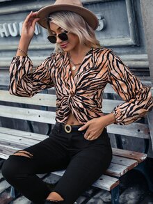 SHEIN Privé Zebra Striped Twist Front Lantern Sleeve Crop Blouse - Brown - View 3