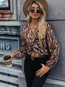 SHEIN Privé Zebra Striped Twist Front Lantern Sleeve Crop Blouse - Brown - View 4