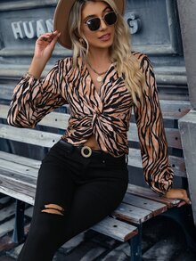 SHEIN Privé Zebra Striped Twist Front Lantern Sleeve Crop Blouse - Brown - View 5