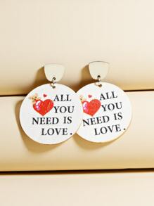 Heart & Slogan Graphic Round Drop Earrings - Multicolor - View 1