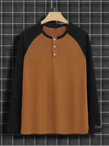 Manfinity Homme 男士双色半扣插肩袖亨利衫，适合外出，休闲拼色亨利长袖上衣，适合朋友穿着，秋季 - 咖啡棕 - 查看 4