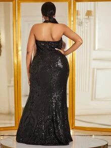 YISIKADO Plus Mesh Insert Backless Sequin Formal Dress