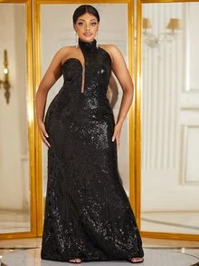YISIKADO Plus Mesh Insert Backless Sequin Formal Dress