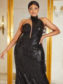 YISIKADO Plus Mesh Insert Backless Sequin Formal Dress