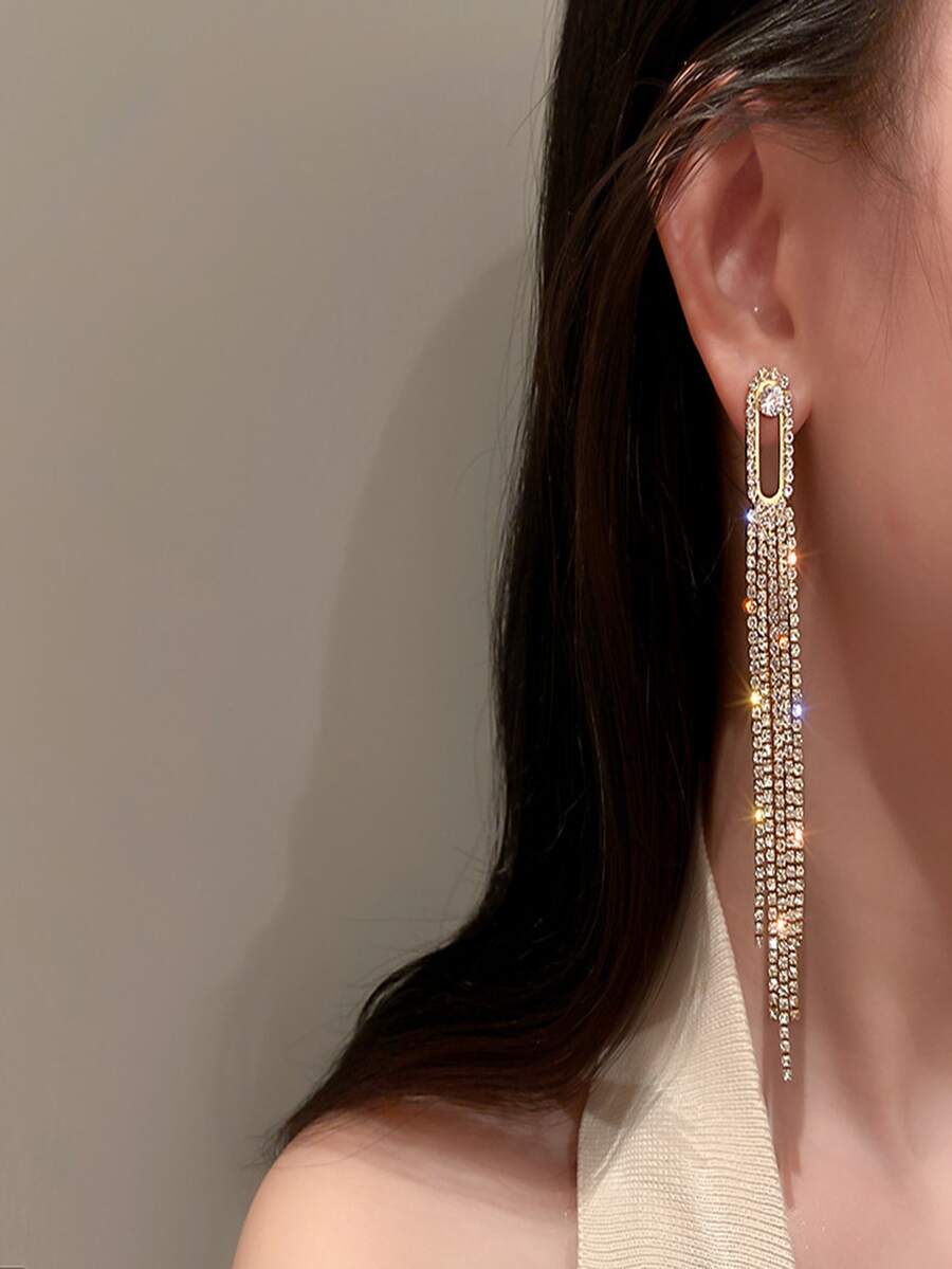 Rhinestone Tassel Drop Earrings - Yellow Gold - View 1
