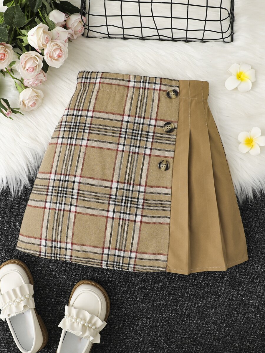 Girls Plaid Button Front Pleated Skirt - Camel - View 1