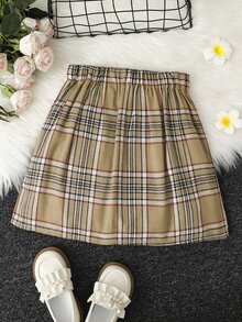 Girls Plaid Button Front Pleated Skirt - Camel - View 2