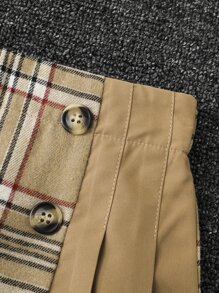 Girls Plaid Button Front Pleated Skirt - Camel - View 7