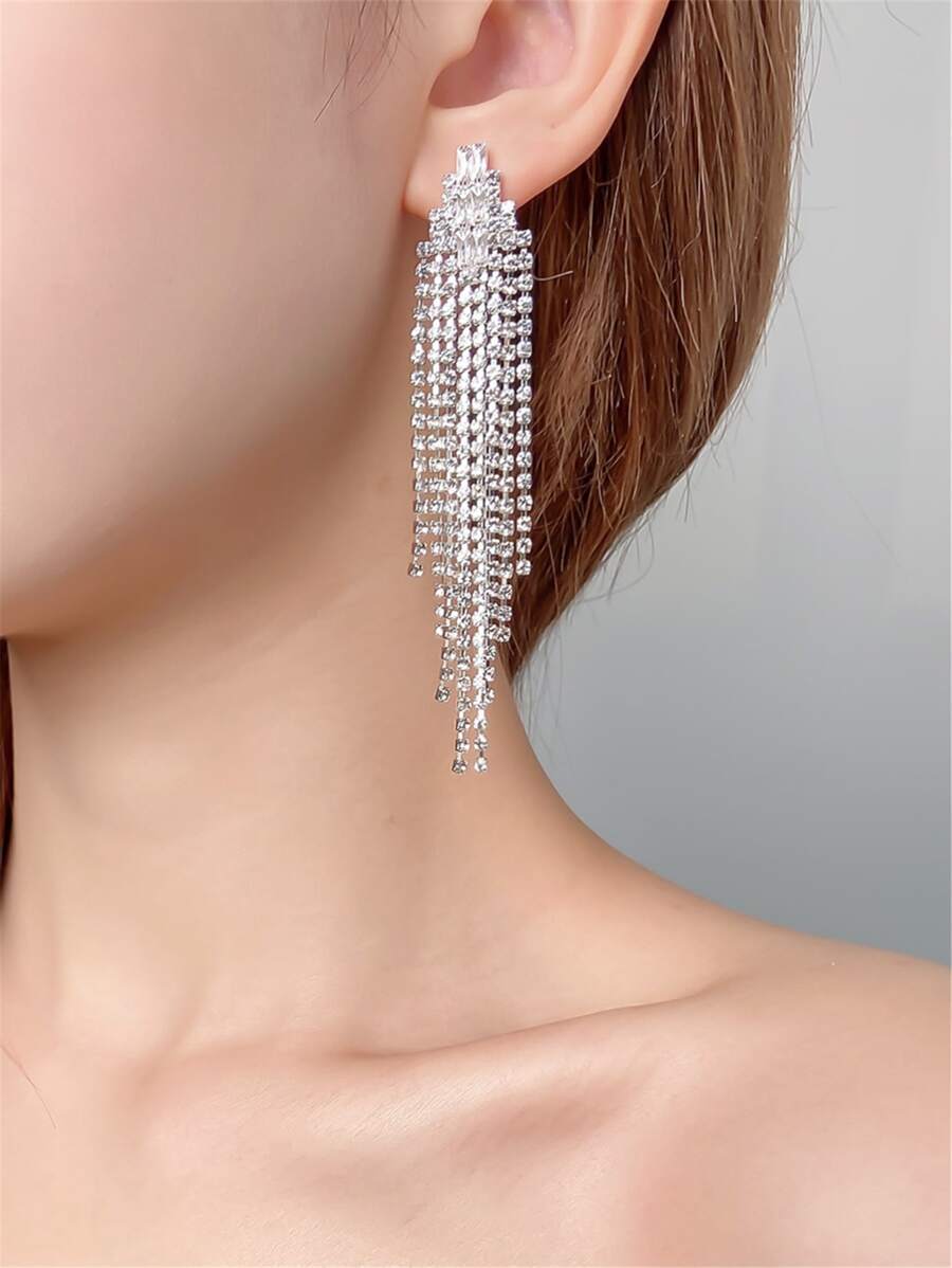 1雙閃亮水鑽女性長款耳環 - 銀色 - 查看 1
