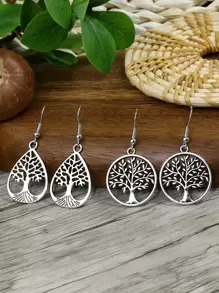 TopHanqi 2pairs/set Antique Vintage Tree Detail Round Decor Drop Earrings - Antique Silver - View 1