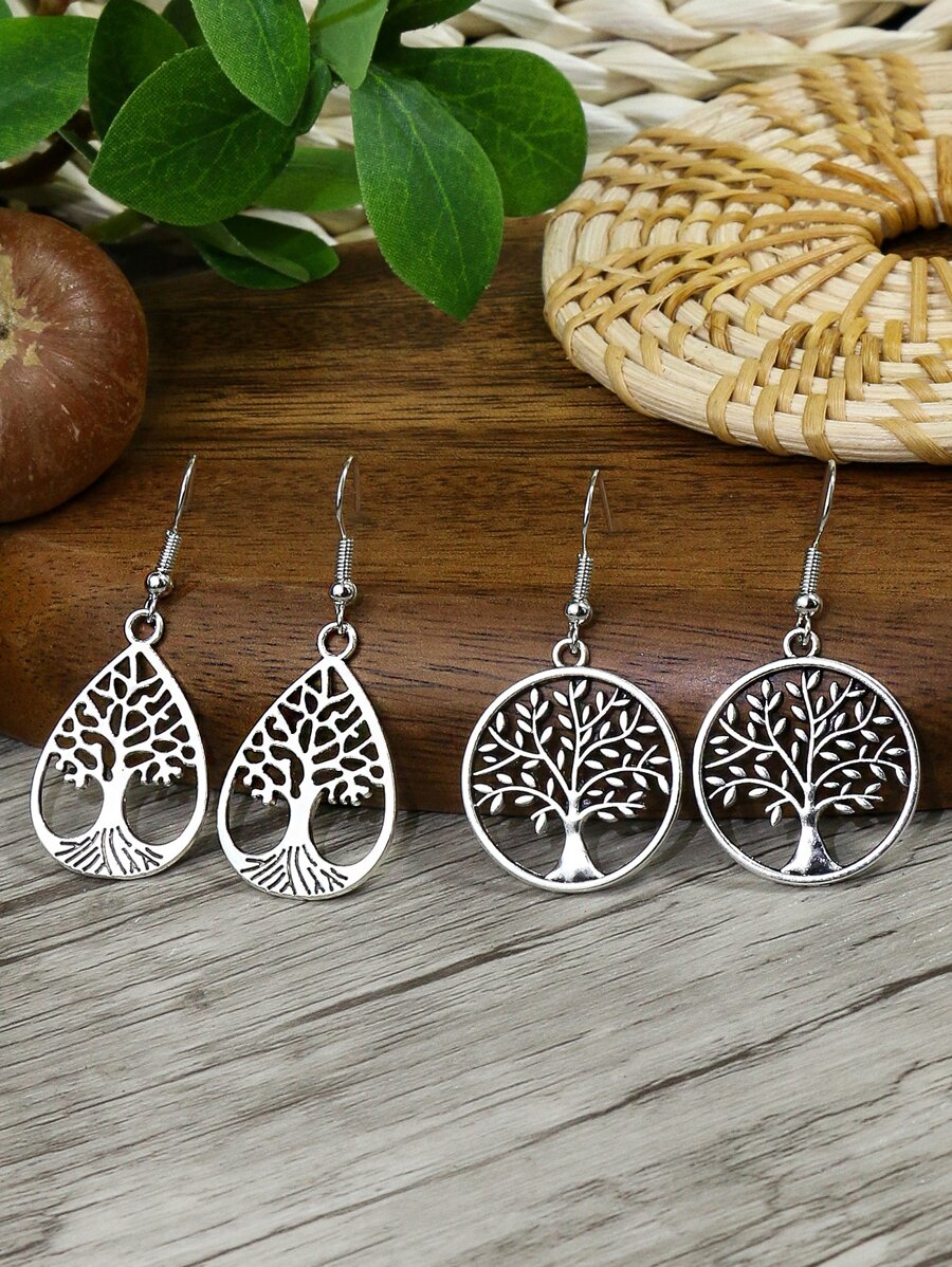 TopHanqi 2pairs/set Antique Vintage Tree Detail Round Decor Drop Earrings - Antique Silver - View 1