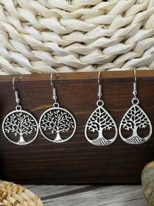 TopHanqi 2pairs/set Antique Vintage Tree Detail Round Decor Drop Earrings - Antique Silver - View 6