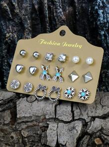 9對/套古代民俗復古幾何耳環葉蝴蝶結鳥動物心形三角形圓形珍珠與方晶鋯石綠松石裝飾時尚簡約耳釘套裝 - 彩色 - 查看 4